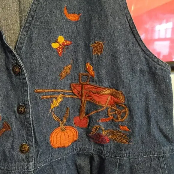 Vintage 90s Cottagecore Sunflower Fall Autumnal Denim A Line Maxi Dress - Picture 4 of 15